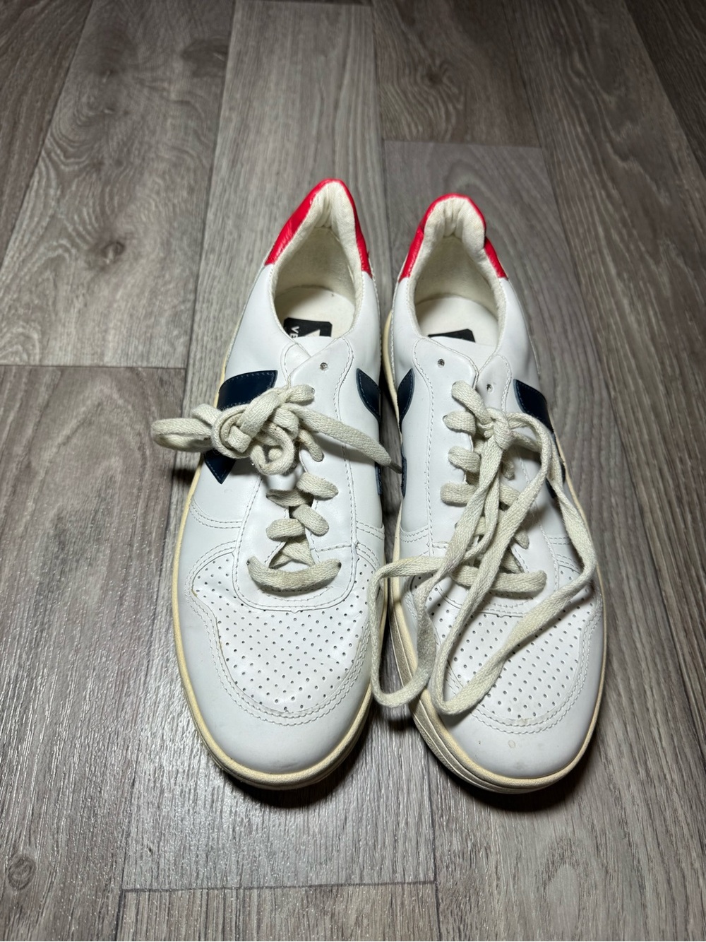 Veja White Sneakers with Navy V and Red Heel Accent